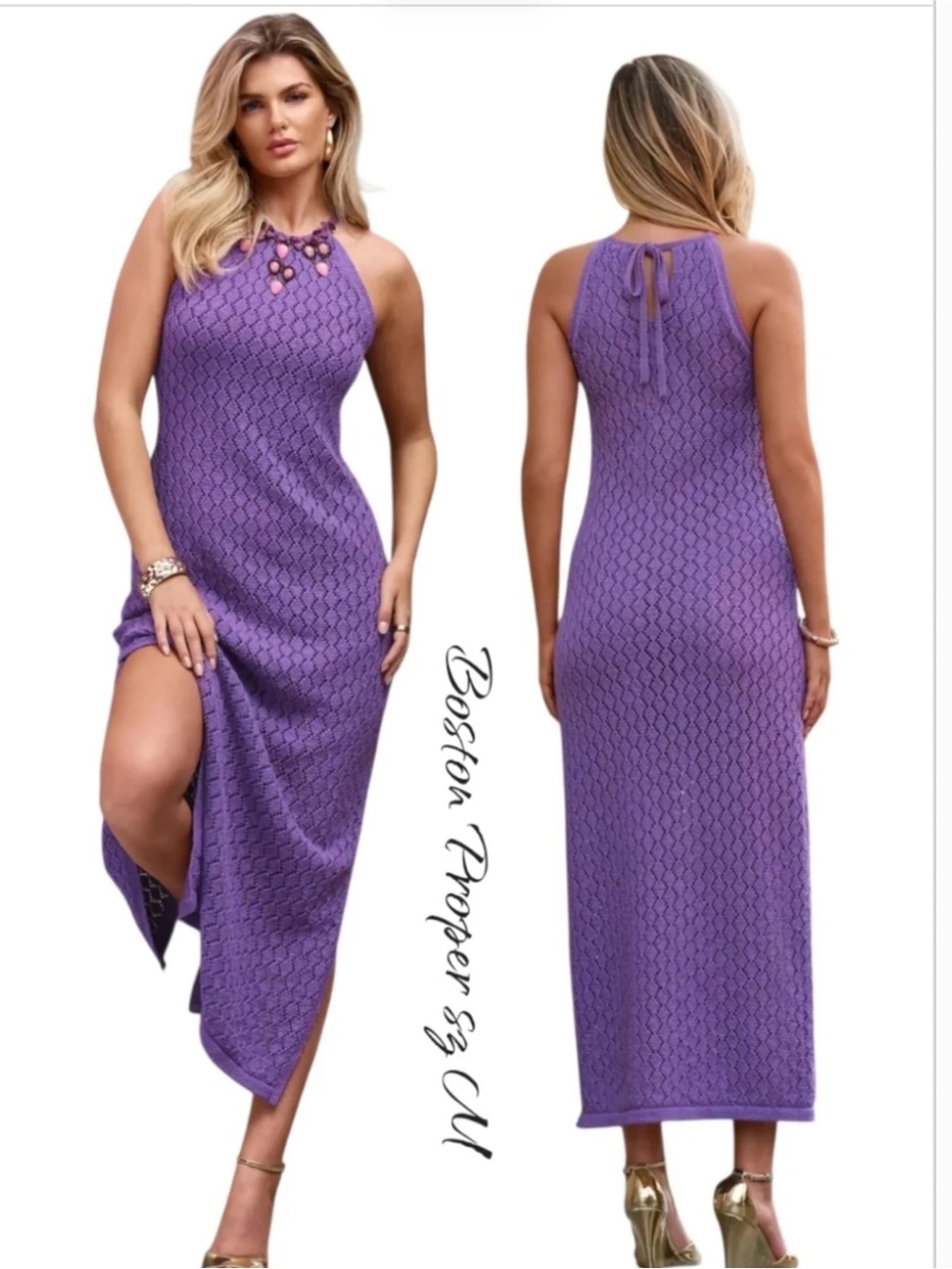 Boston Proper Deep Lavender Halter Knit Maxi Dress